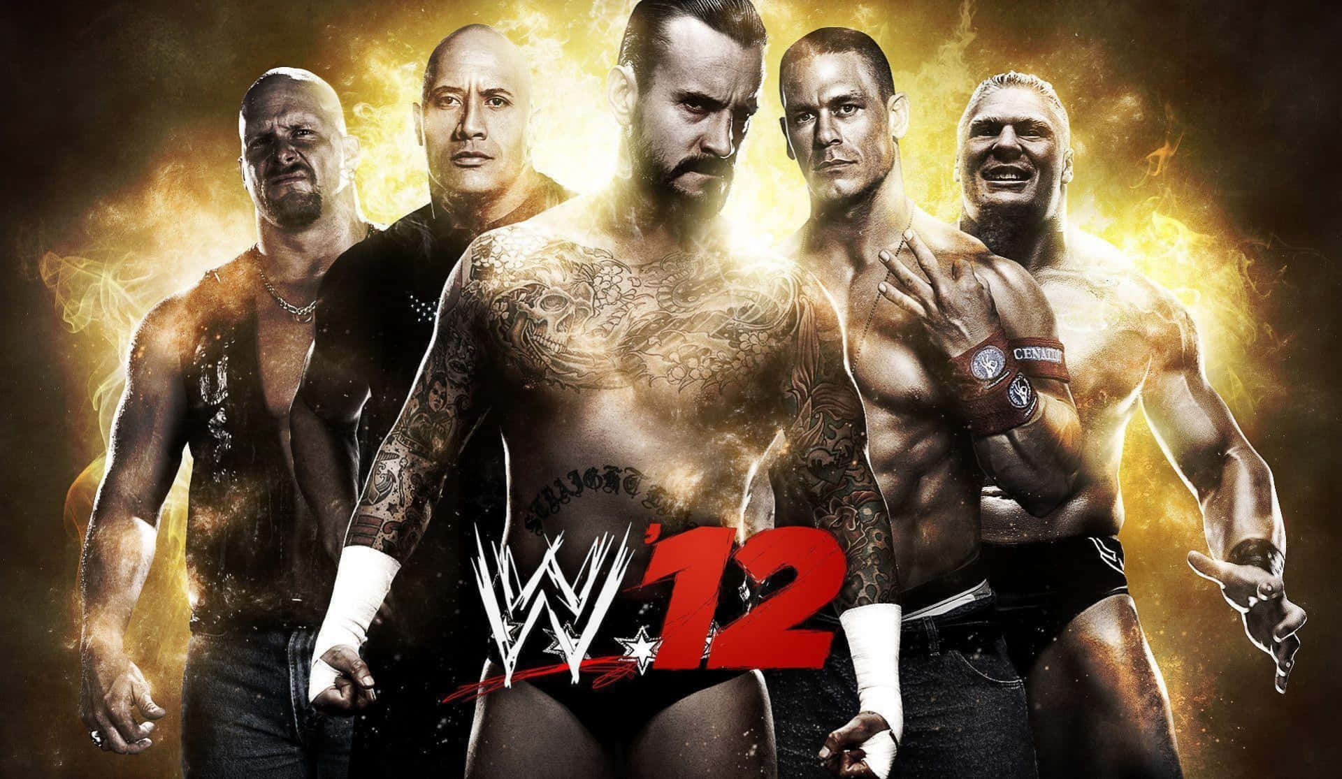 WWE 桌布 壁紙 — 五個肌肉發達的WWE摔角手站在火熱的金色光環中，表情強烈，紋身清晰可見。