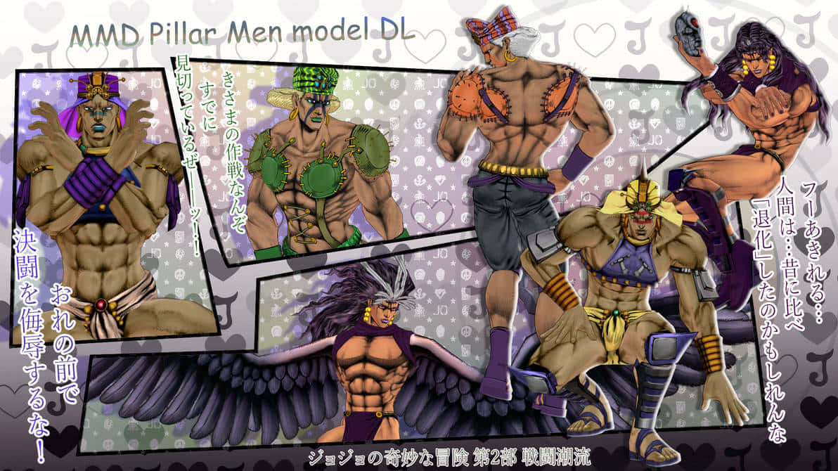 Pillar Men 桌布 壁紙 — 五個肌肉發達的動漫角色，擁有翅膀和部落裝備，在帶有日文字句的圖案背景前動感擺姿勢。