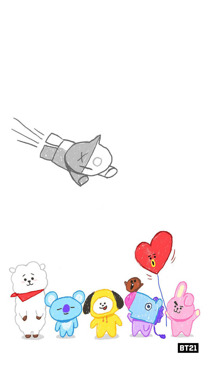 BT21 桌布 壁紙 — 五個色彩繽紛的BT21卡通角色站在一起，手持一個紅色心形氣球，一隻灰色貓咪在他們上方飛翔。
