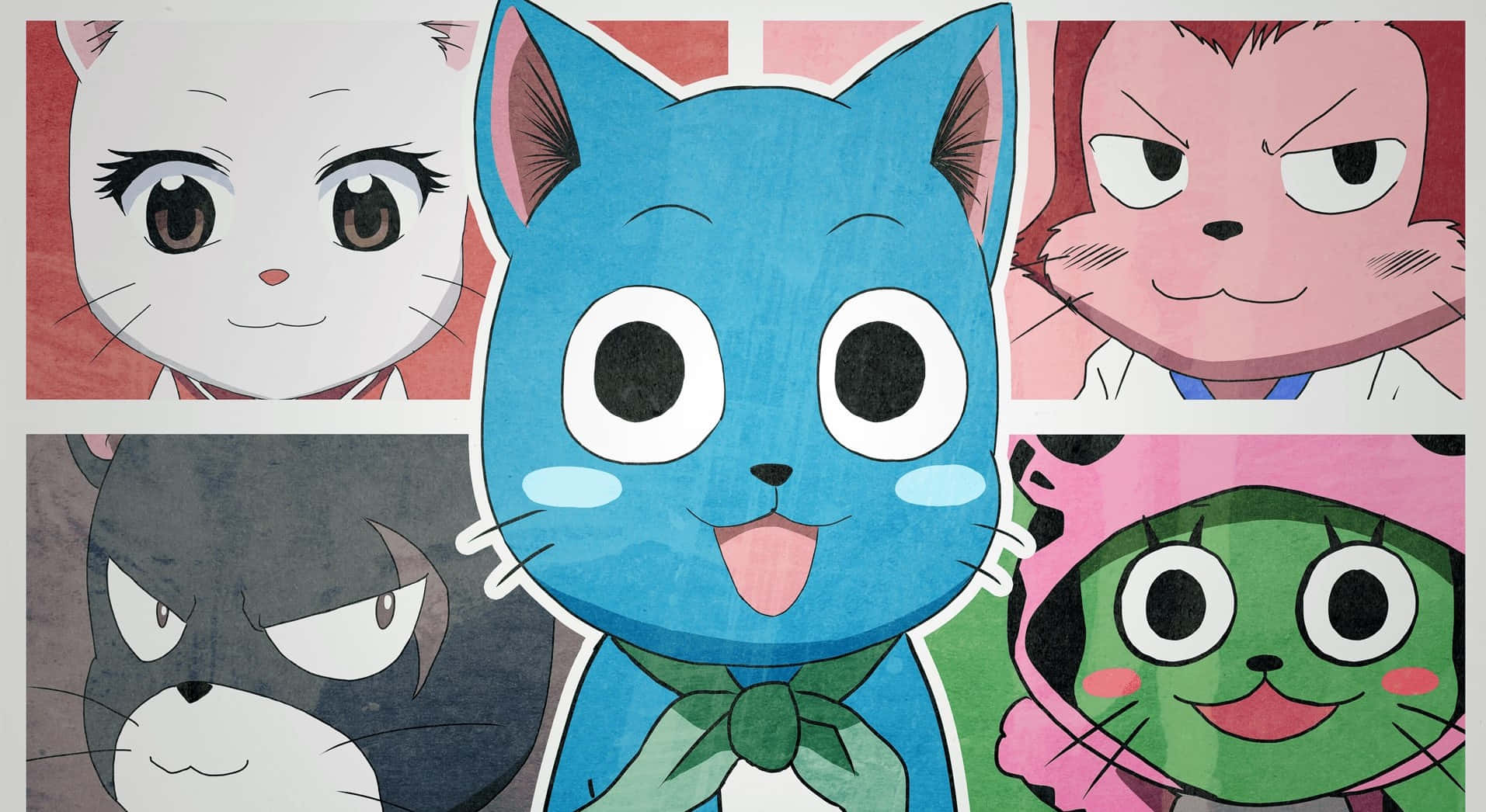 Fairy Tail Happy 桌布 壁紙 — 五個色彩繽紛的動漫貓角色，表情各異，以拼貼風格排列。