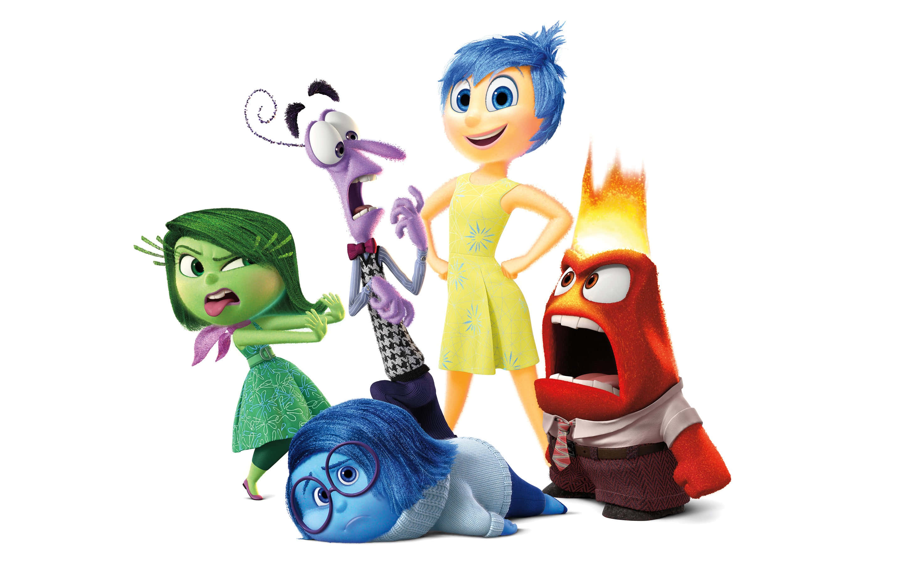 Inside Out 桌布 壁紙 — 五個色彩繽紛的動畫情緒角色在純白背景上動態擺姿勢。