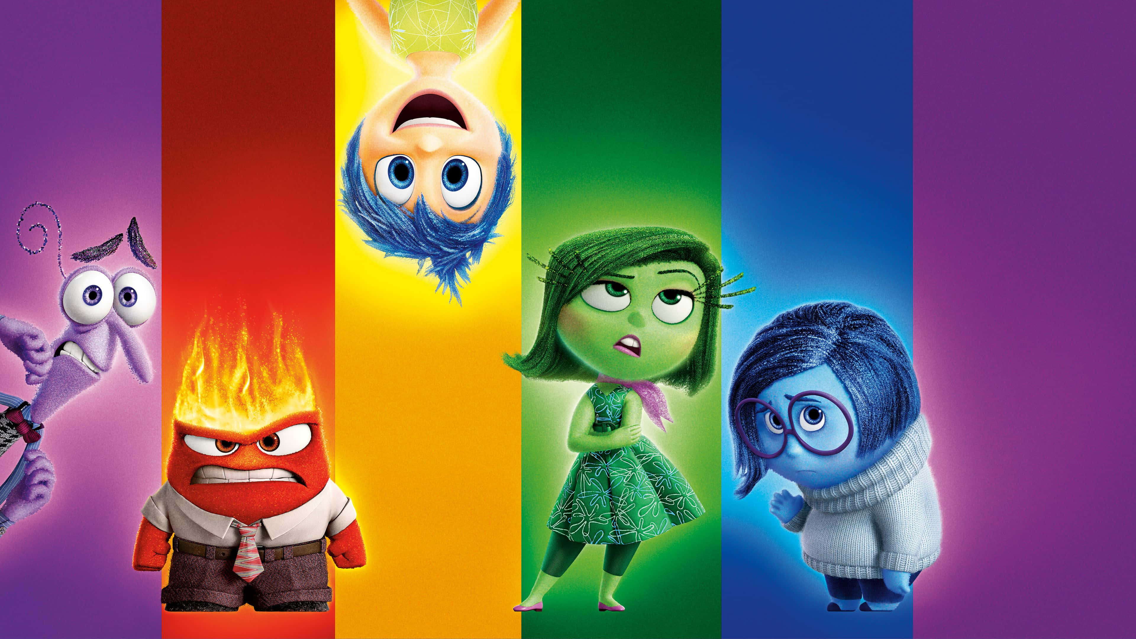 Inside Out 桌布 壁紙 — 五個色彩繽紛的動畫情緒角色站在充滿活力的彩虹垂直條紋前，每個表達一種獨特的感受。