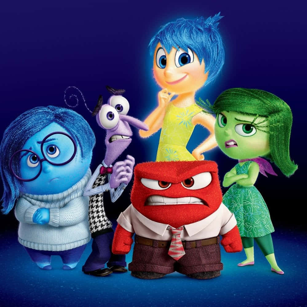 Inside Out 桌布 壁紙 — 五個色彩繽紛的動畫情緒角色站在深藍色背景前，各自表達不同的心情。