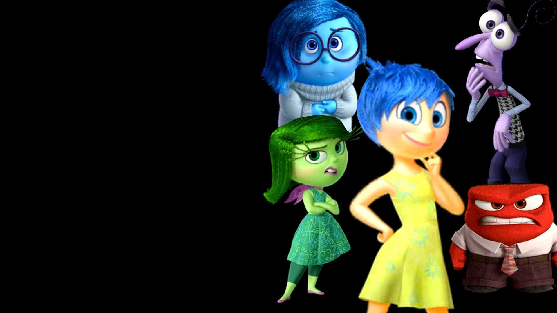 Inside Out 桌布 壁紙 — 五個色彩繽紛的動畫情緒角色站在黑色背景前，展現出鮮明的個性。