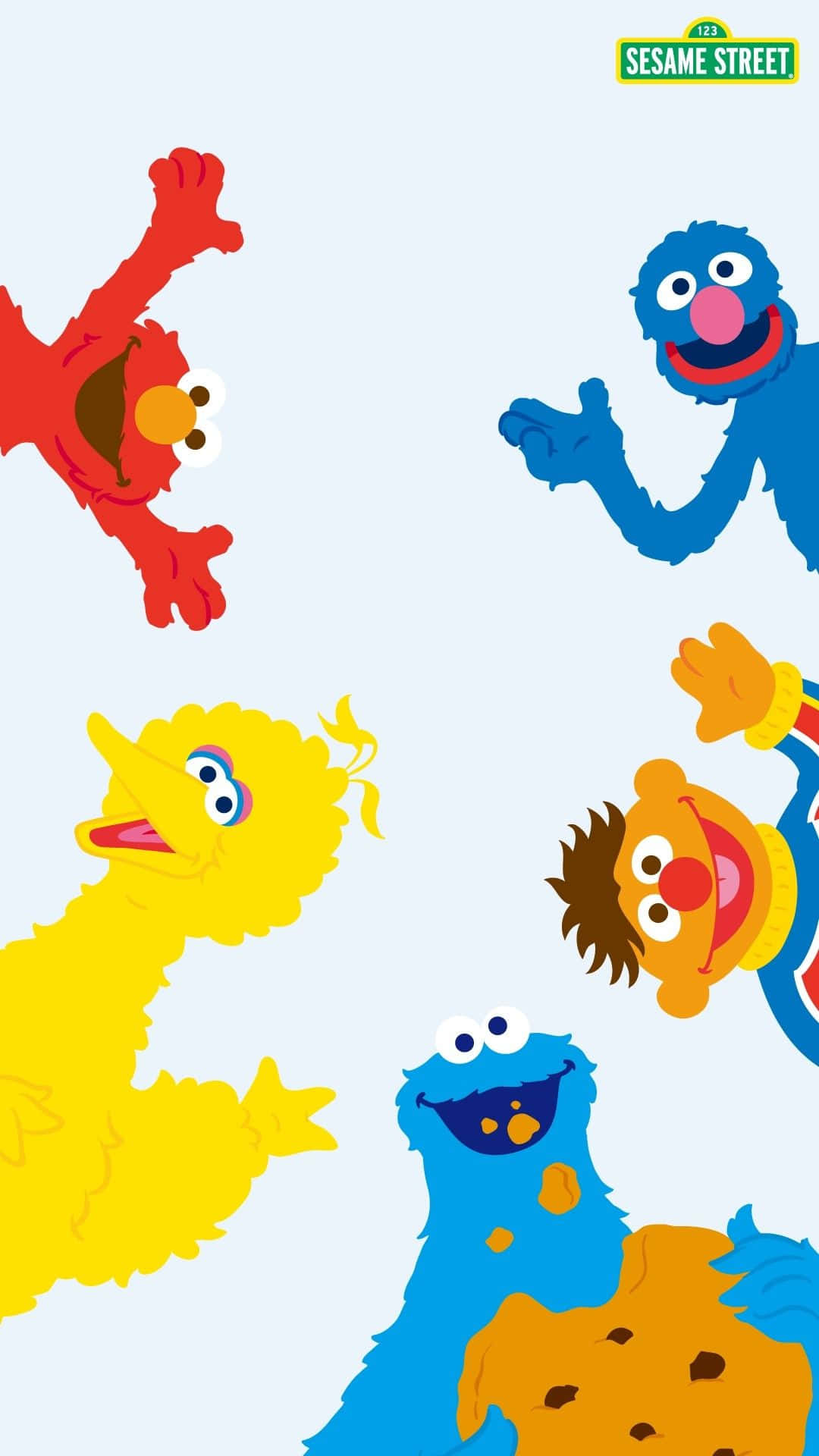 Sesame Street 桌布 壁紙 — 五個色彩繽紛的芝麻街角色在淺藍色背景上愉快地漂浮。