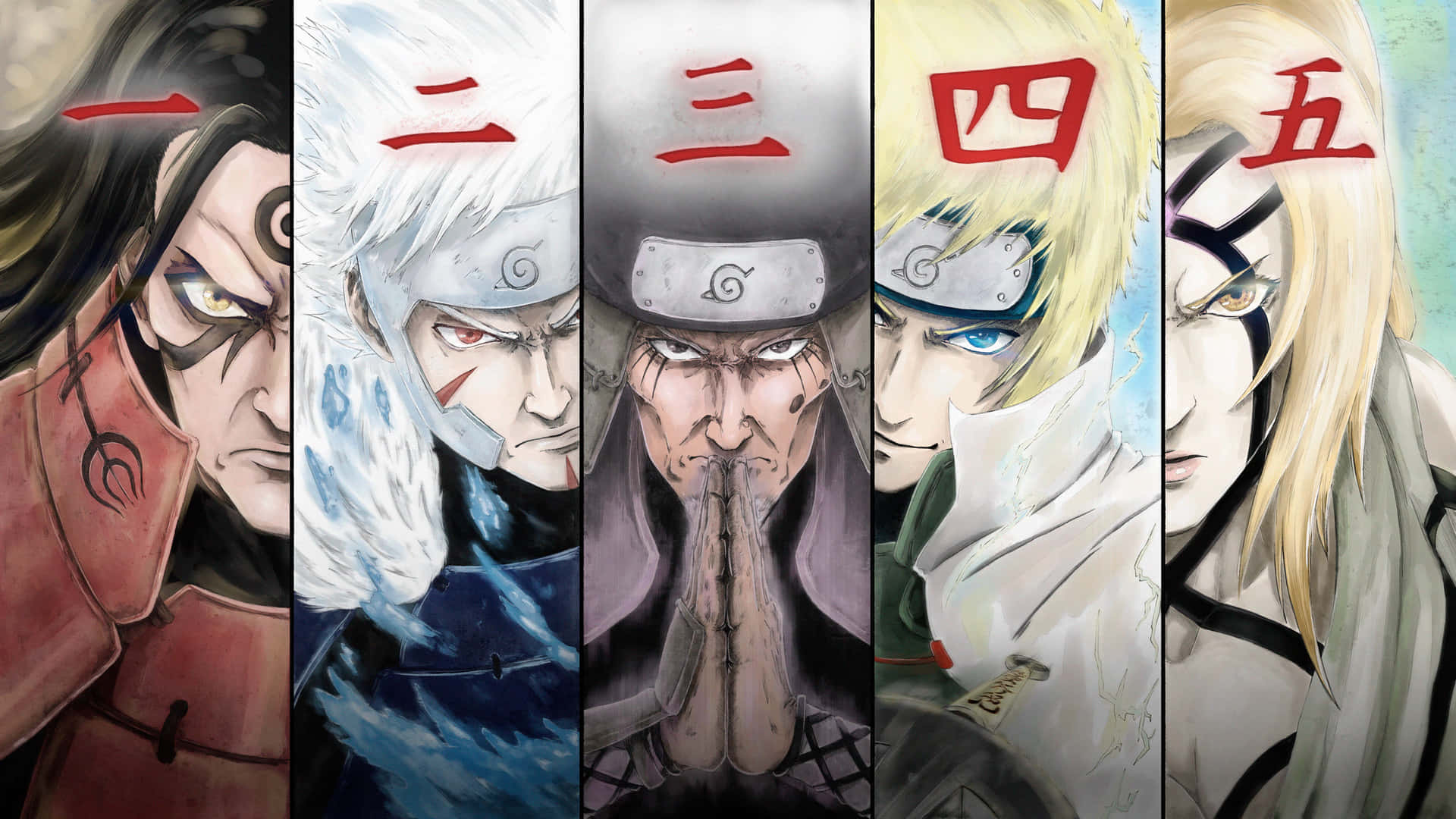 Third Hokage 桌布 壁紙 — 五個表情強烈的動漫角色，頭頂有編號漢字，以堅定的眼神直視前方。