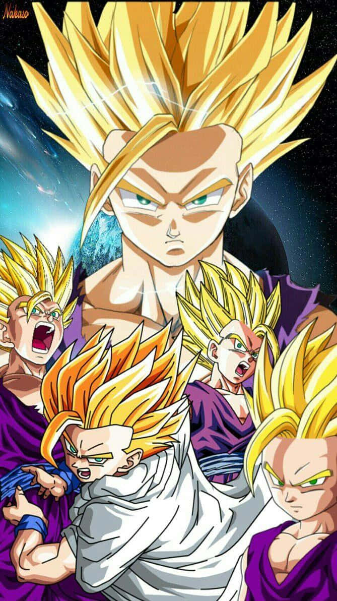 Mystic Gohan 桌布 壁紙 — 五個超級撒亞人角色，擁有尖刺的金色頭髮和強烈的表情，站在宇宙星空背景前。