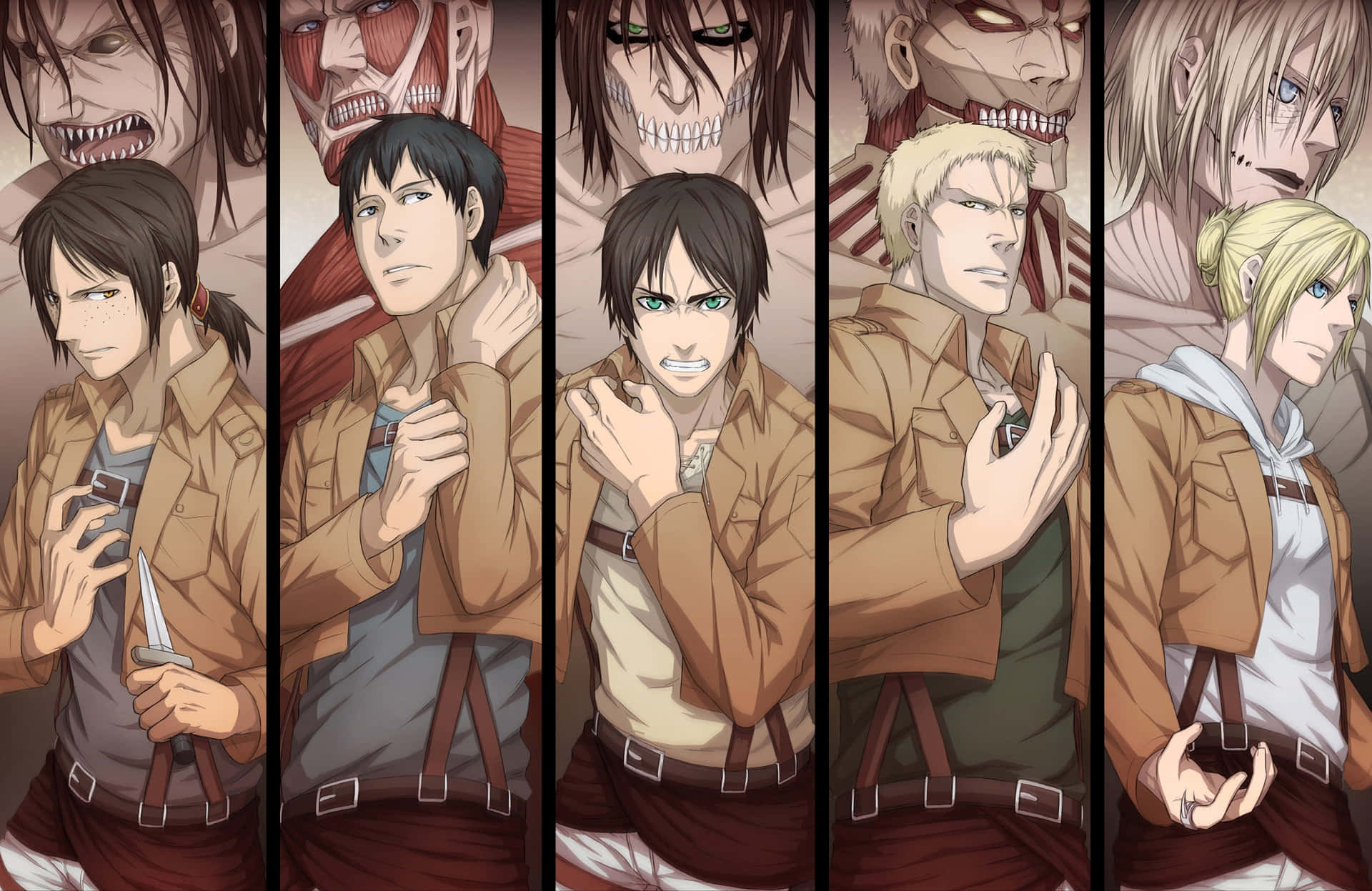 Attack On Titan Poster 桌布 壁紙 — 五個身穿棕色制服嘅動畫角色企喺佢哋嘅恐怖巨人形態前面，形成一個戲劇性嘅垂直面板佈局。