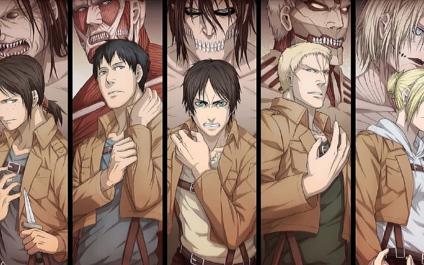 Titan Shifters 桌布 壁紙 — 五個身穿棕色外套的動漫角色站在他們擁有尖牙和強烈表情的怪物巨人形態前。