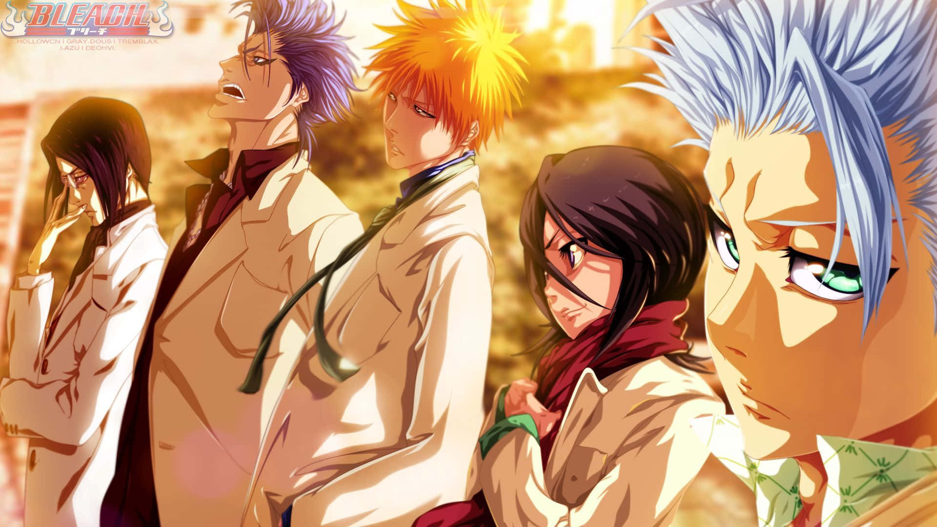 Manga Characters 桌布 壁紙 — 五個身穿白色外套的動漫角色，帶著強烈的表情站在陽光普照的城市場景中。