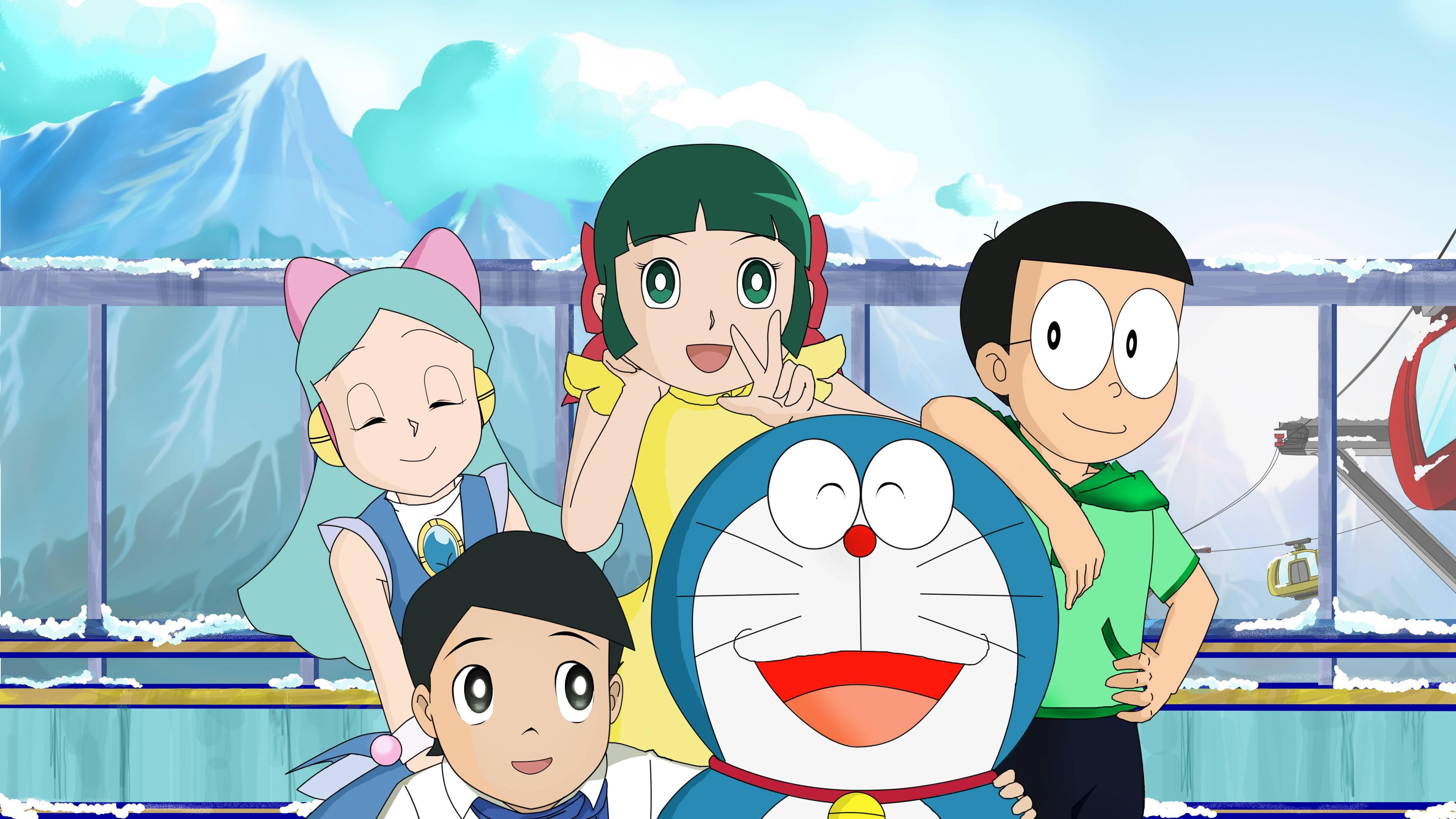 doraemon 4K 桌布 壁紙 — 五個開心的動漫角色喺一個白雪覆蓋嘅山頂纜車入面一齊擺甫士，背景係積雪嘅山峰。