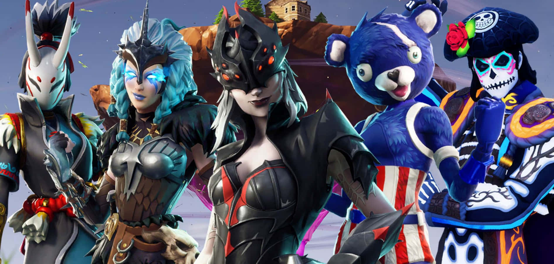 Fortnite Skins Battle Royale 桌布 壁紙 — 五個風格化的 Fortnite 角色穿著鮮豔服裝，在奇幻風景背景下自信地擺姿勢。