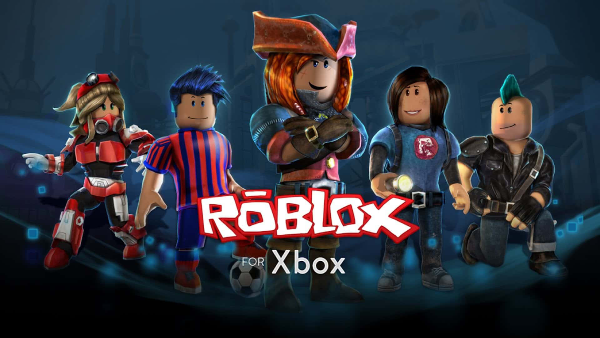 Roblox Avatar 桌布 壁紙 — 五個風格化的 Roblox 頭像穿著不同的服裝，自信地站在帶有 Roblox for Xbox 標誌的黑暗發光背景前。