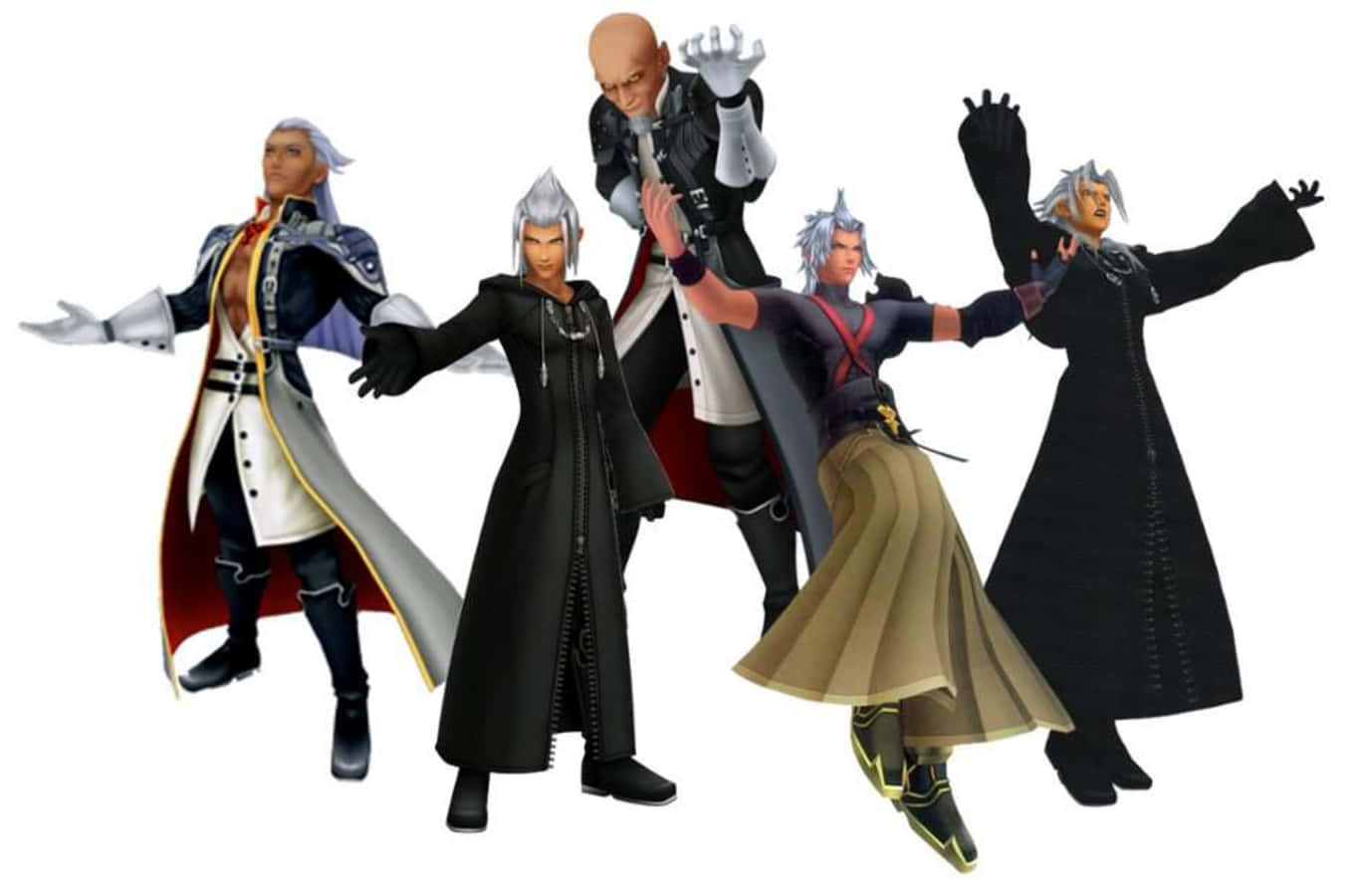 Kingdom Hearts Xehanort 桌布 壁紙 — 五個風格化的動漫角色以戲劇性的姿勢穿著深色斗篷和銀色頭髮，背景為純白色。