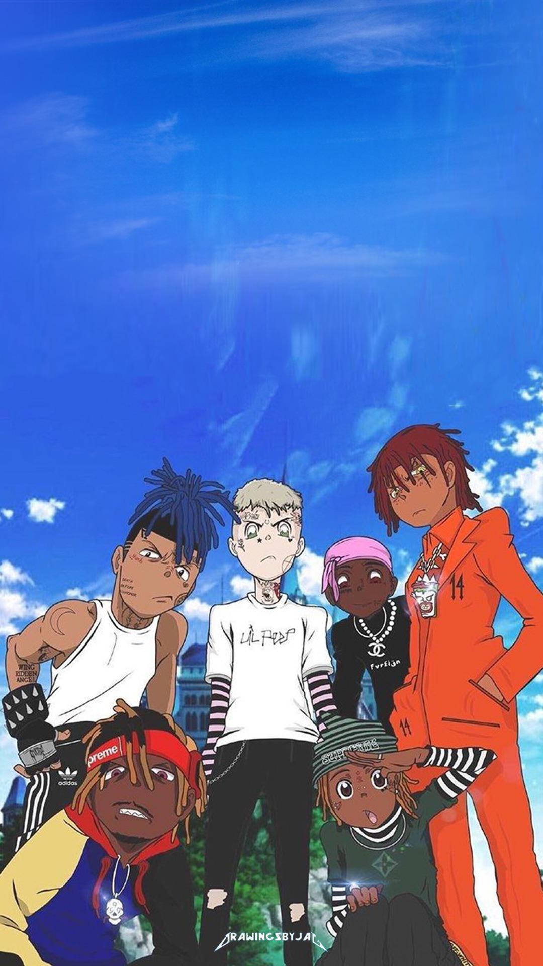 Juice WRLD 桌布 壁紙 — 五個風格化的動漫角色在明亮的藍天和散落的雲朵前自信地擺姿勢。