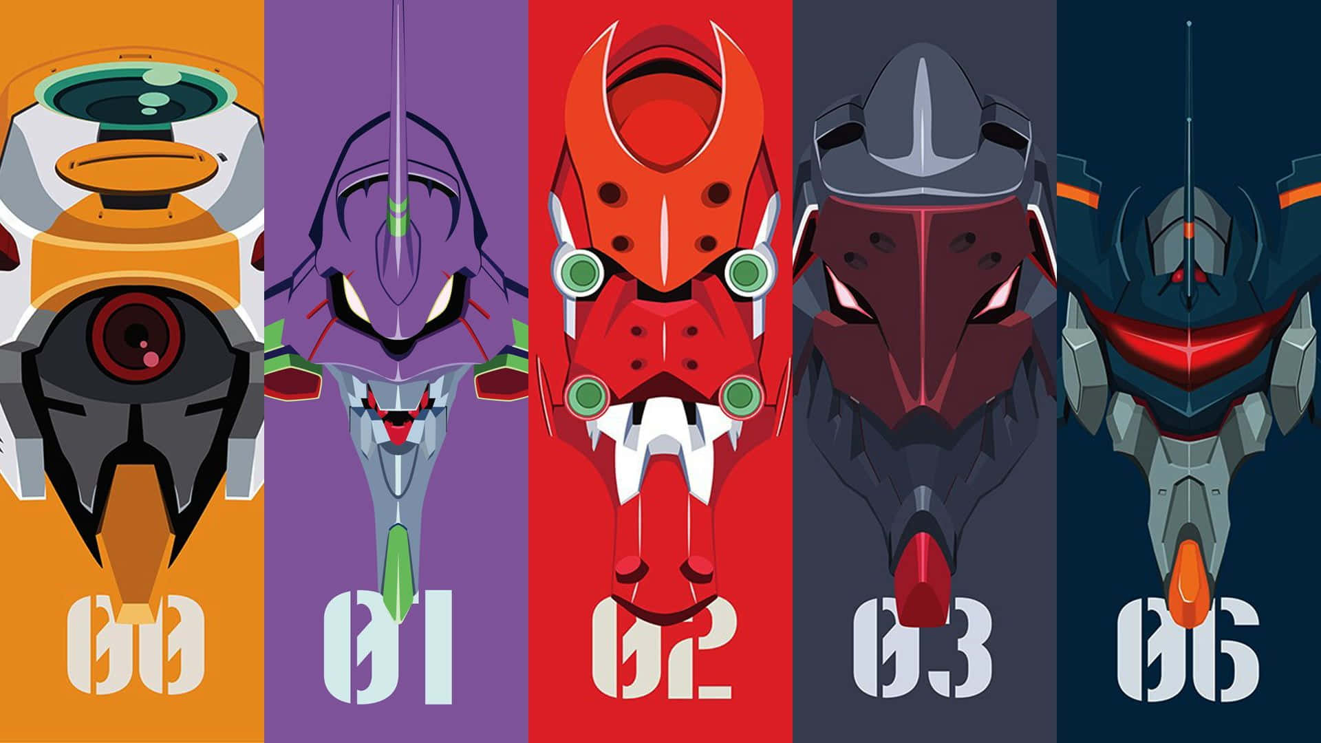 Eva-02 桌布 壁紙 — 五個風格化的機甲頭部，排列在鮮豔的垂直面板中，每個都標有數字。