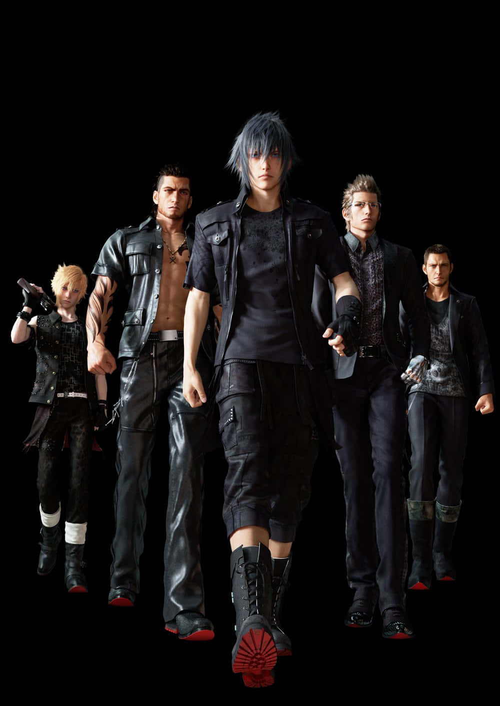 Final Fantasy Characters 桌布 壁紙 — 五個風格化的男性動漫角色，身穿深色皮革和戰術裝備，自信地站在黑色背景前，鞋底為紅色。