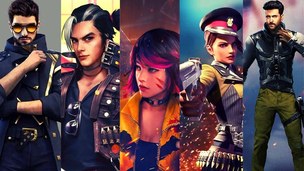 free fire 4K 桌布 壁紙 — 五個風格化的電子遊戲角色，以戲劇性的姿勢、大膽的服裝和武器，襯托著充滿活力的背景。