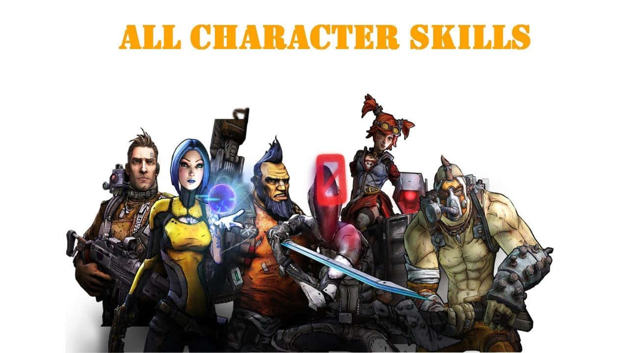 Borderlands Characters 桌布 壁紙 — 五個風格化的電子遊戲角色，配備武器和發光效果，站在白色背景上，下方有粗體橙色文字。