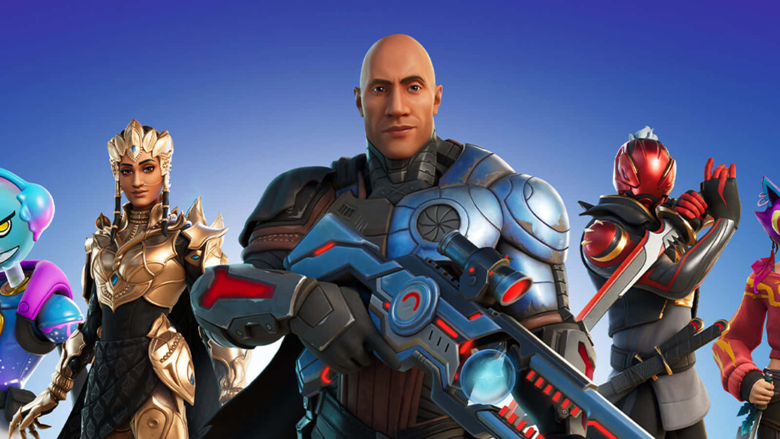 Fortnite Chapter 3 桌布 壁紙 — 五個風格化的電子遊戲角色穿著未來主義盔甲，自信地站在晴朗的藍天下。