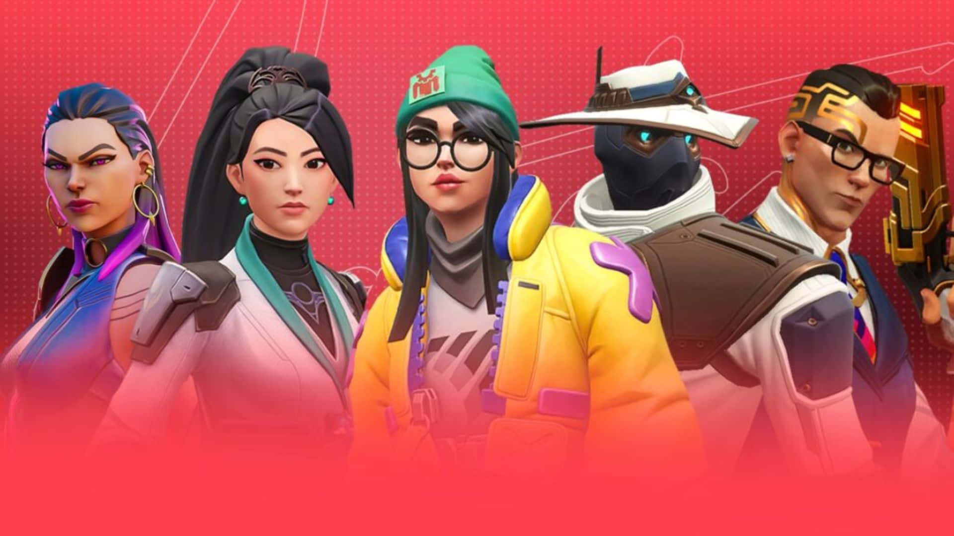 Valorant Agents 桌布 壁紙 — 五個風格化的電子遊戲角色穿著鮮豔服裝，站在帶有霓虹點綴的發光紅色背景前。