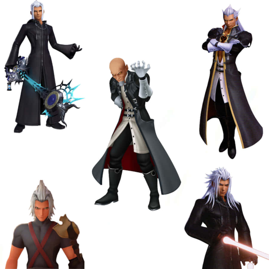 Kingdom Hearts Xehanort 桌布 壁紙 — 五個風格化的電子遊戲角色穿著黑暗奇幻服裝，在純白背景前手持武器擺姿勢。