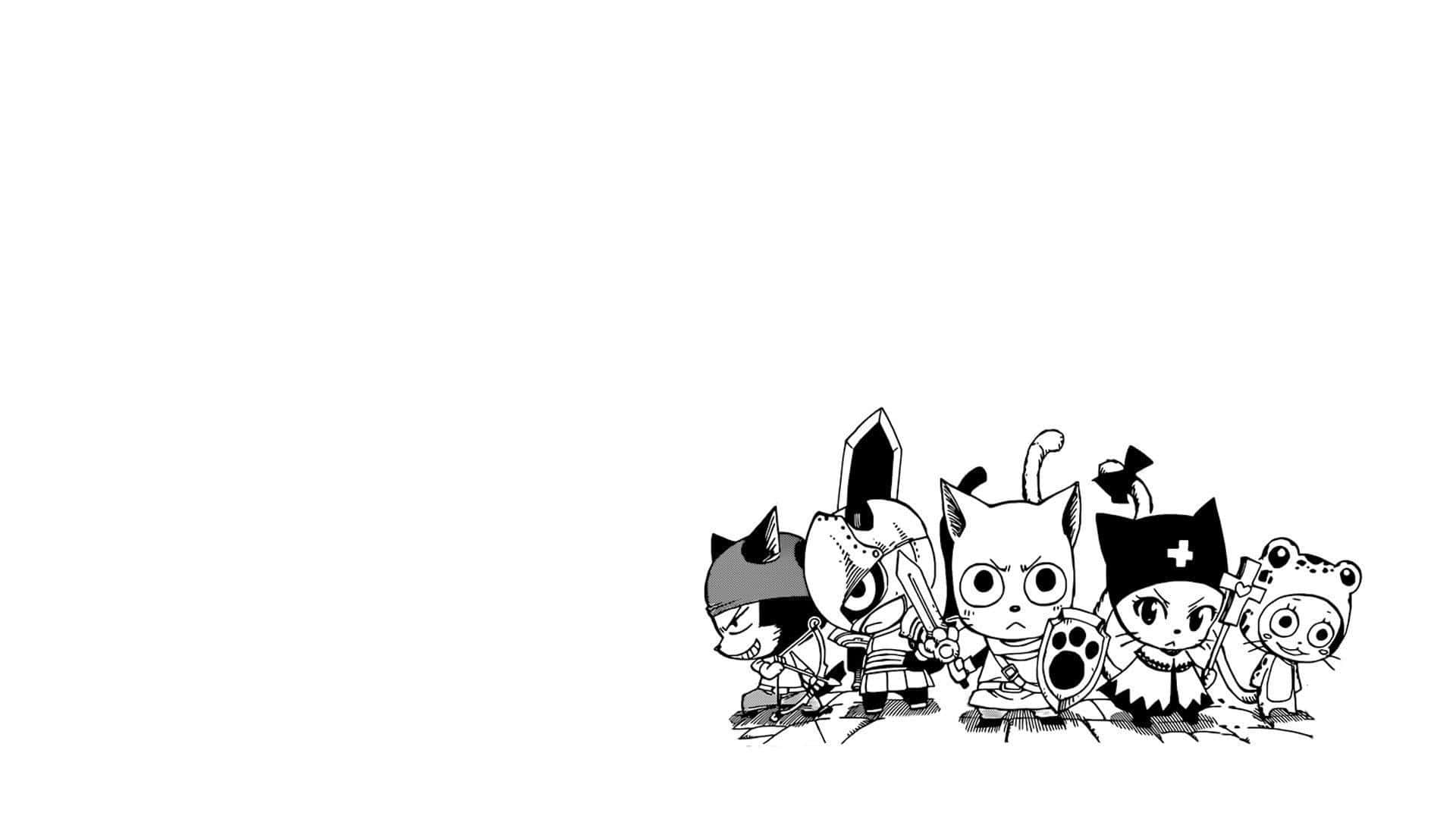 Fairy Tail Happy 桌布 壁紙 — 五個黑白Q版貓角色手持武器並排站立，表情各異。