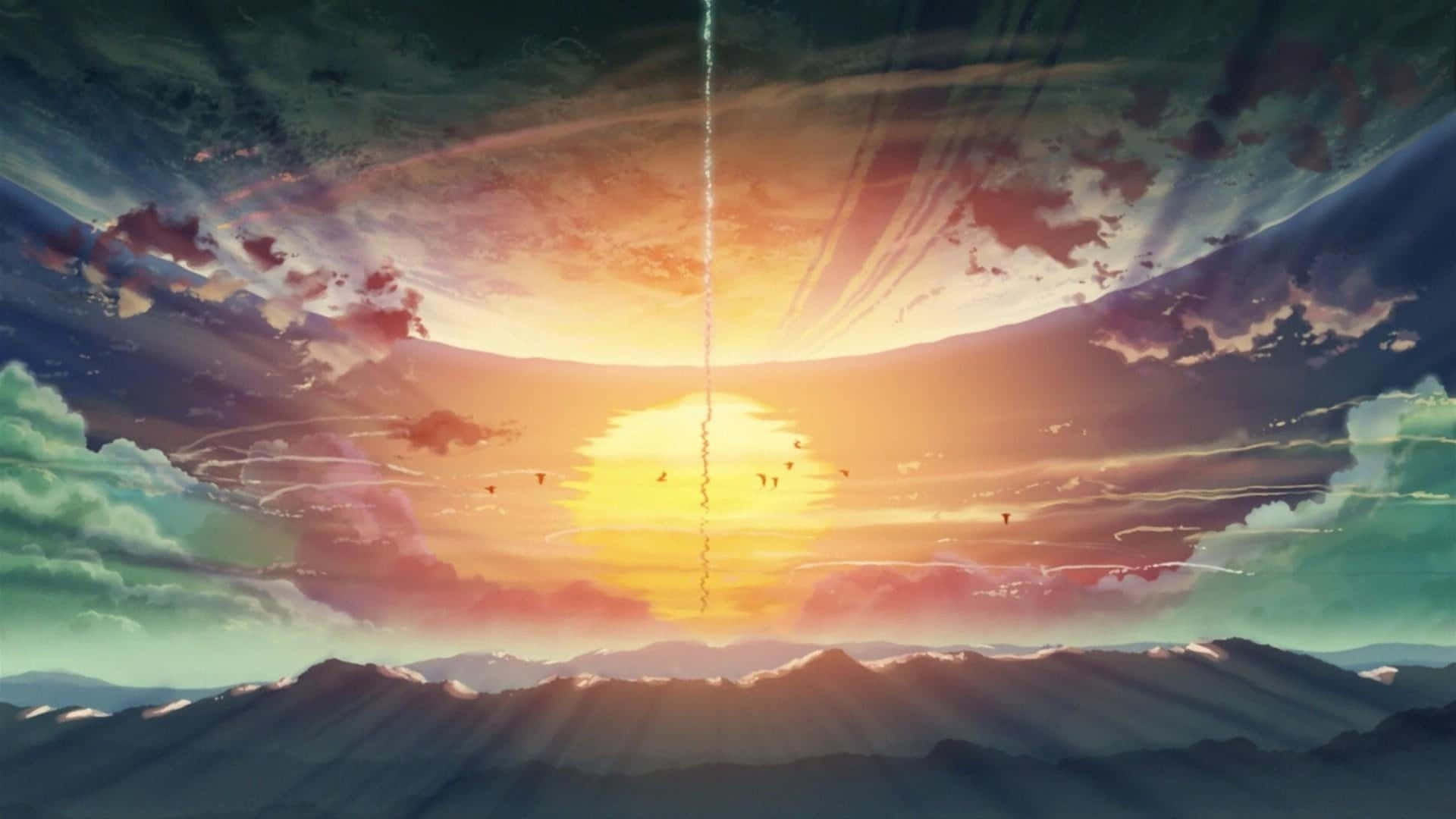 夕陽映照積雪山峰，鳥兒在色彩繽紛的天空中飛翔。