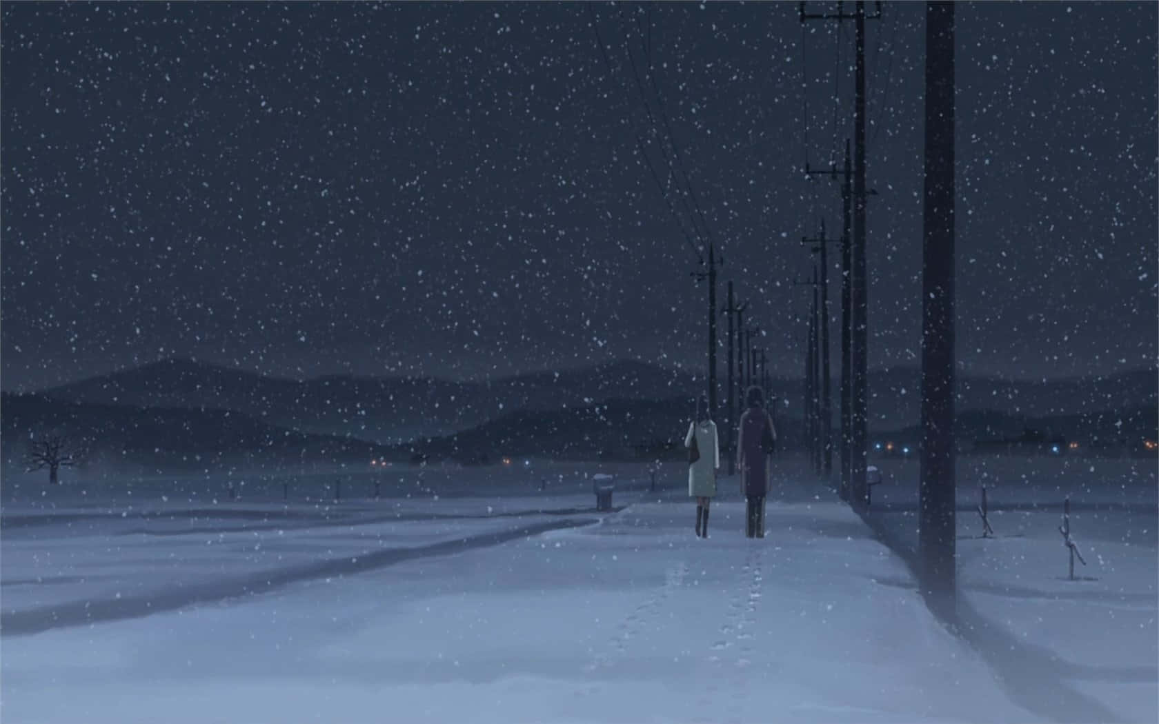 兩人在星空下雪地中行走，旁邊有電話線杆
