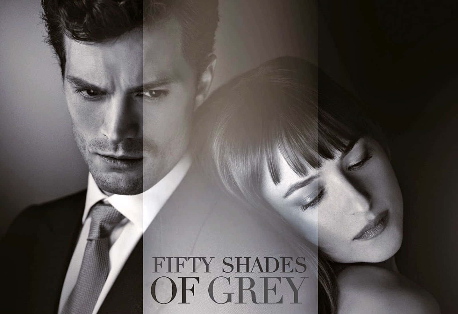 男人和女人的分割肖像，帶有「Fifty Shades of Grey」文字。