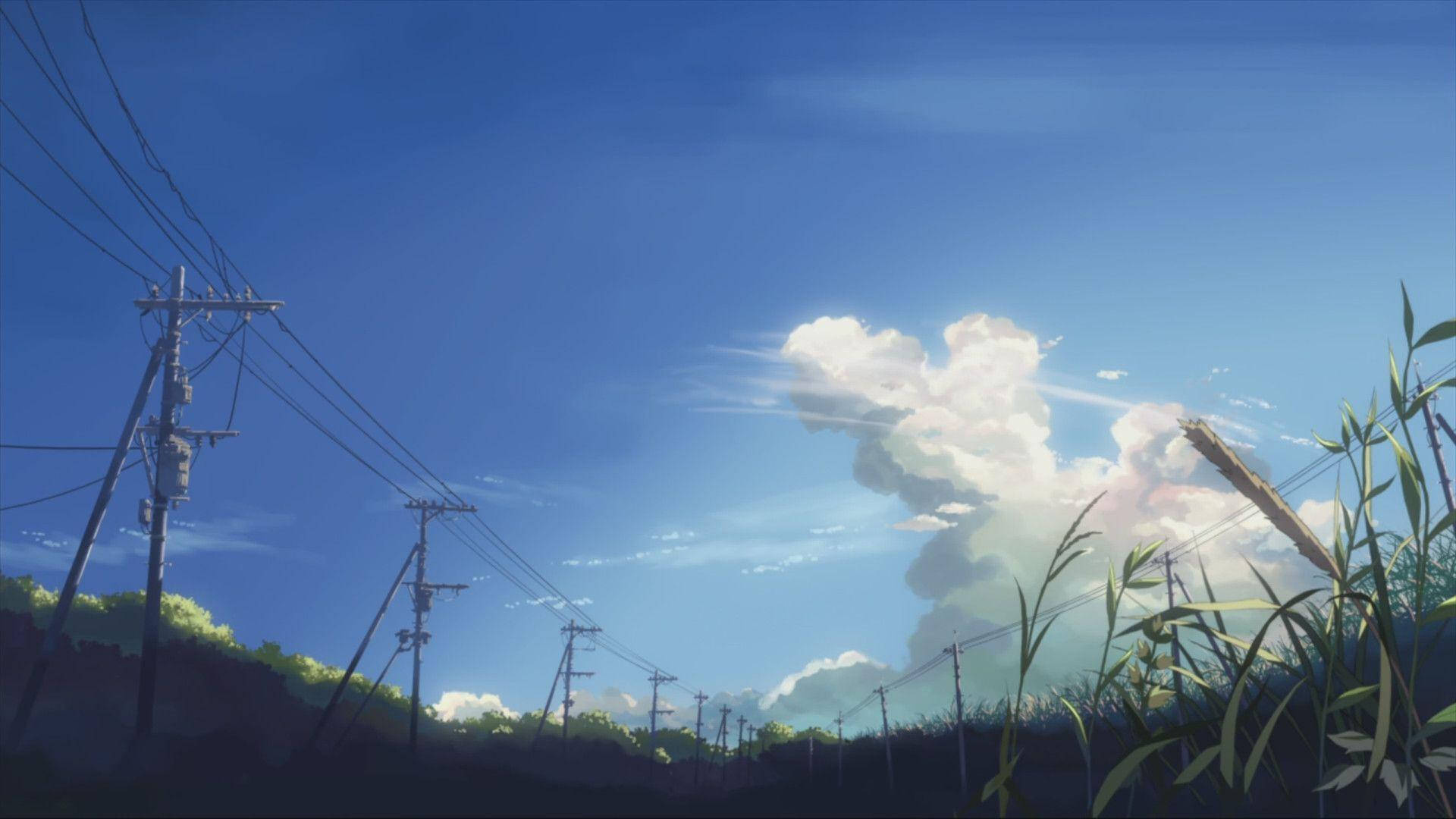 動漫風格的鄉村場景，電線和高高的草，在明亮的藍天下有雲。