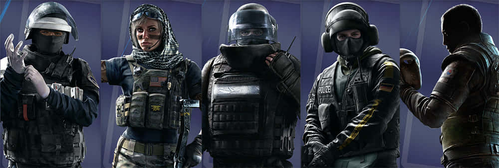 Rainbow Six Siege Rook 桌布 壁紙 — 五名全副武裝的戰術人員在深藍色背景前站成一排，每人都有獨特的面具和裝備。