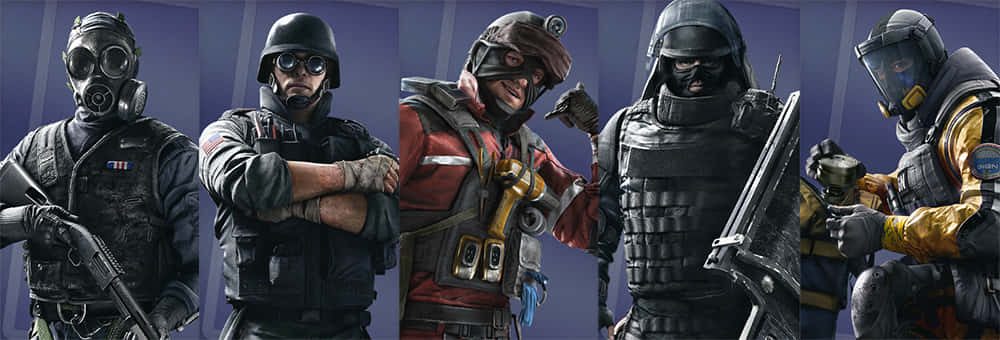 Rainbow Six Siege Thermite 桌布 壁紙 — 五名全副武裝的戰術士兵在深藍色背景前自信地擺姿勢。