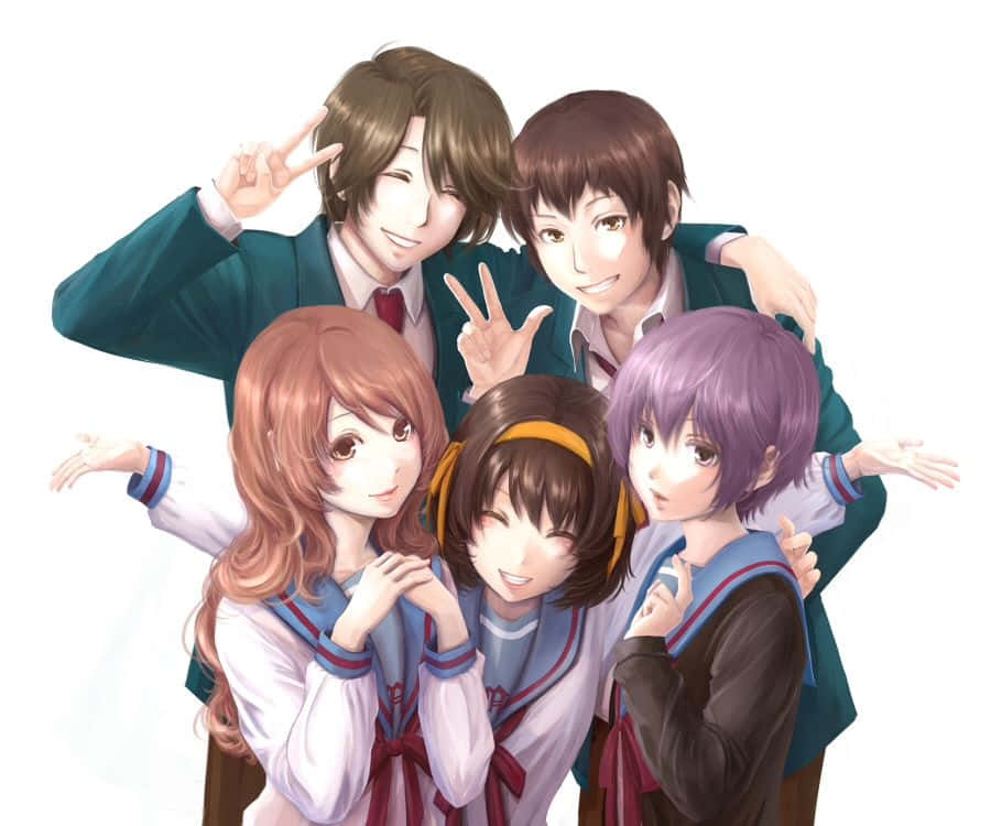 Kyon 桌布 壁紙 — 五名動畫學生穿著校服，在純白背景前愉快地擺出和平手勢和溫暖笑容。