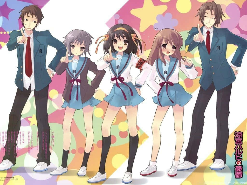 Kyon 桌布 壁紙 — 五名動畫學生穿著校服，在色彩繽紛的星空背景下愉快地擺姿勢。