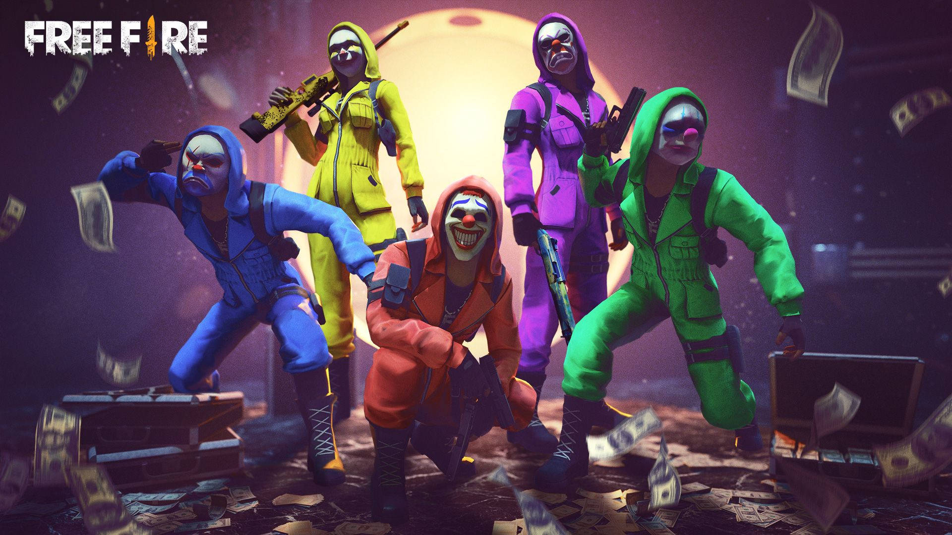 free fire desktop 桌布 壁紙 — 五名戴著小丑面具的玩家穿著色彩繽紛的連身衣，在發光的月亮下，於掉落的金錢和寶箱中持槍擺姿勢。