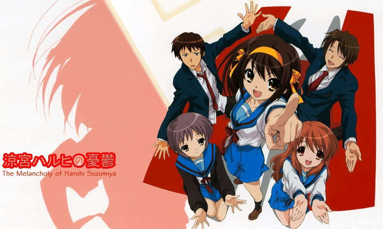 Haruhi Suzumiya 桌布 壁紙 — 五名穿著校服的動漫學生在一個帶有大型陰影臉孔的醒目紅白背景前充滿活力地擺姿勢。