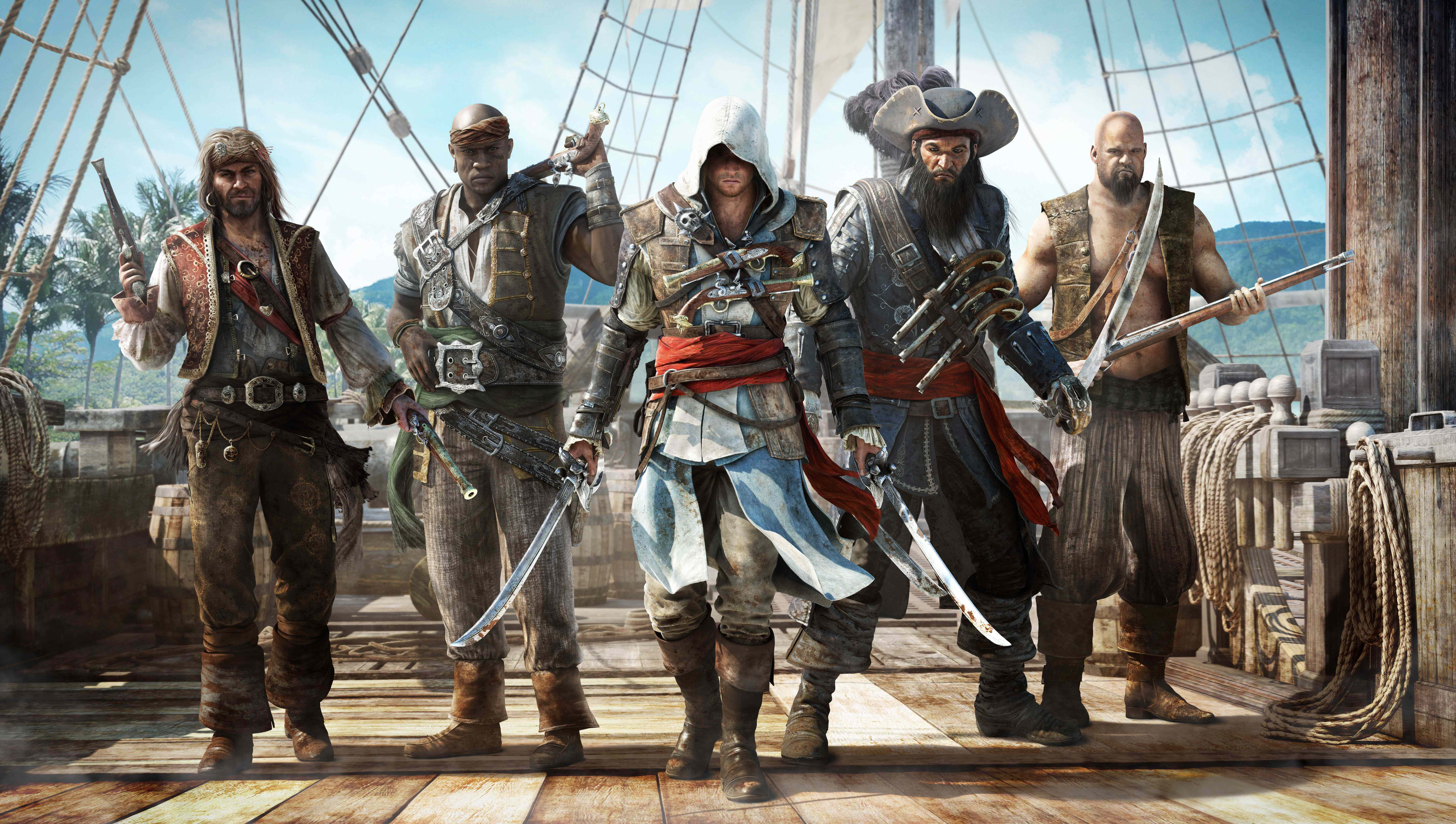 Assassin's Creed 4 Black Flag Ship Combat 桌布 壁紙 — 五名粗獷的海盜手持劍和手槍，在陽光明媚的船甲板上，以熱帶背景為襯，挑釁地站立著。