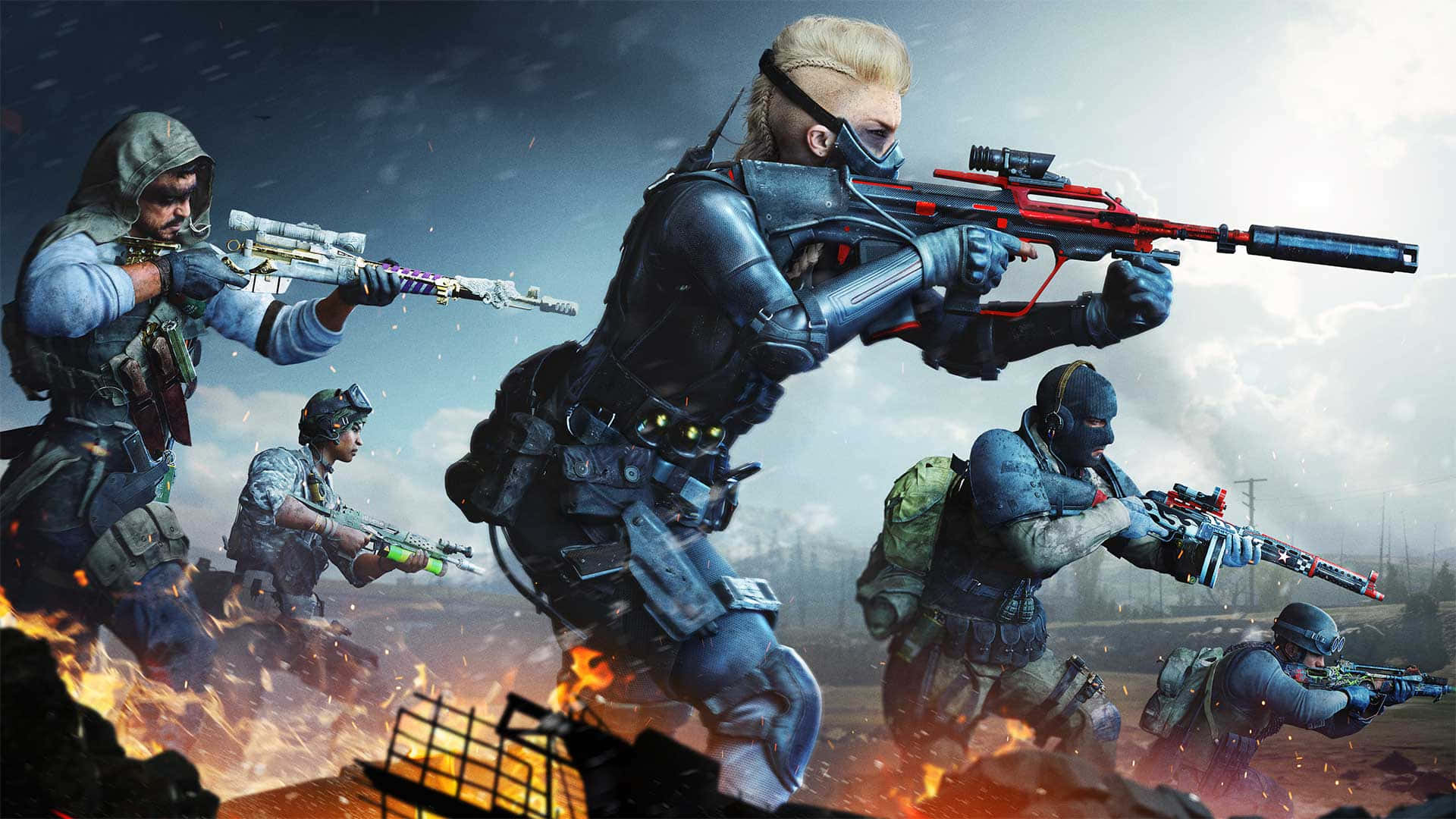Shooting Game 桌布 壁紙 — 五名身穿戰術裝備的武裝士兵在暴風雨的天空下穿越燃燒的戰場前進。