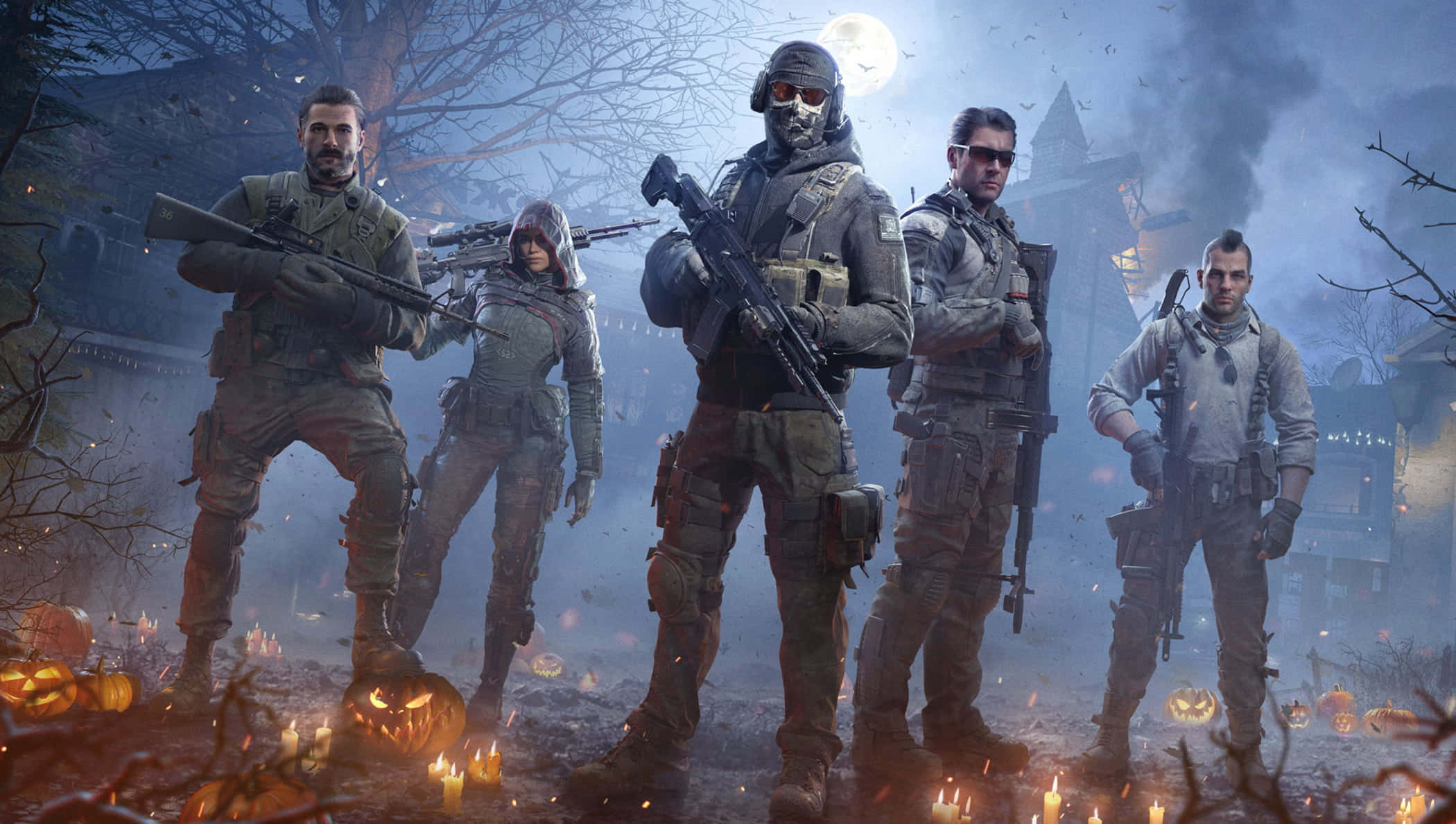 Cod 桌布 壁紙 — 五名身穿戰術裝備的武裝士兵站在迷霧籠罩的鬧鬼森林中，周圍有發光的傑克南瓜燈和滿月。