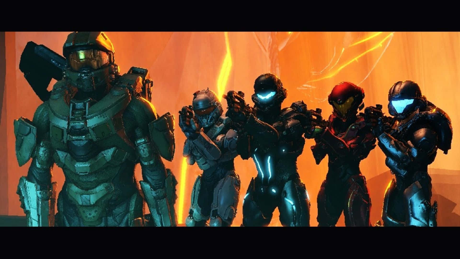 Fireteam Osiris 桌布 壁紙 — 五名身穿未來戰鬥裝備的裝甲士兵站在熾熱的橙色光芒中，武器拔出，發光的護目鏡反射出強烈的光線。