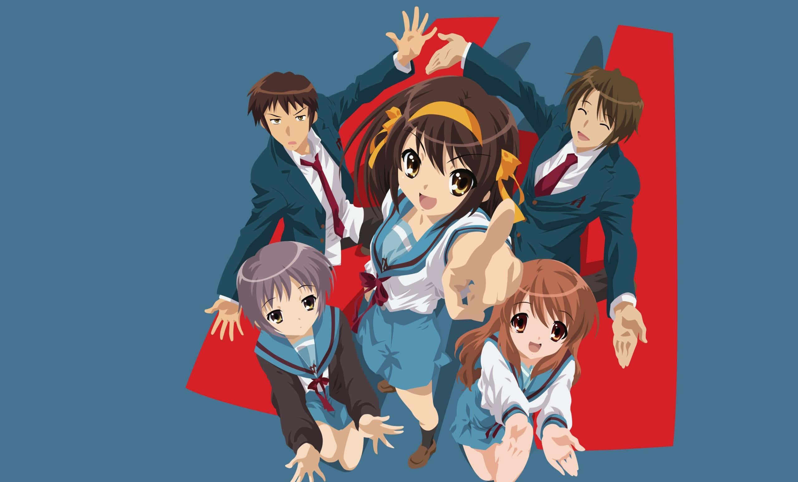 The Melancholy Of Haruhi Suzumiya 桌布 壁紙 — 五名身穿校服的動漫學生在鮮明的紅藍背景前充滿活力地擺姿勢。