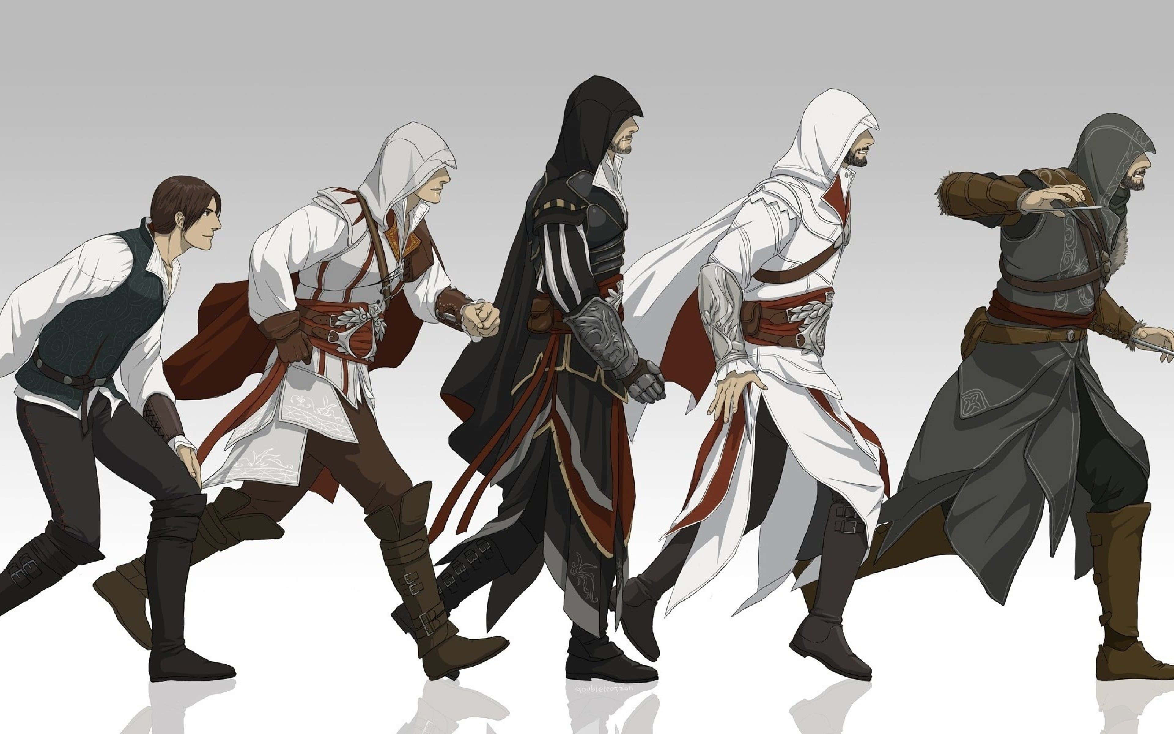 Assassin's Creed Ezio 桌布 壁紙 — 五名身穿標誌性連帽長袍的刺客在純灰色背景前以動態陣容向前邁進。