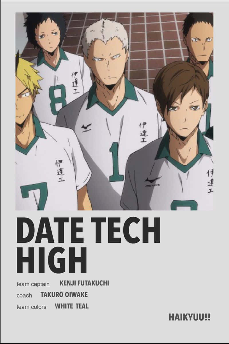 Date Tech High 桌布 壁紙 — 五名身穿白色和青綠色制服、表情堅定的動漫排球運動員正視前方。