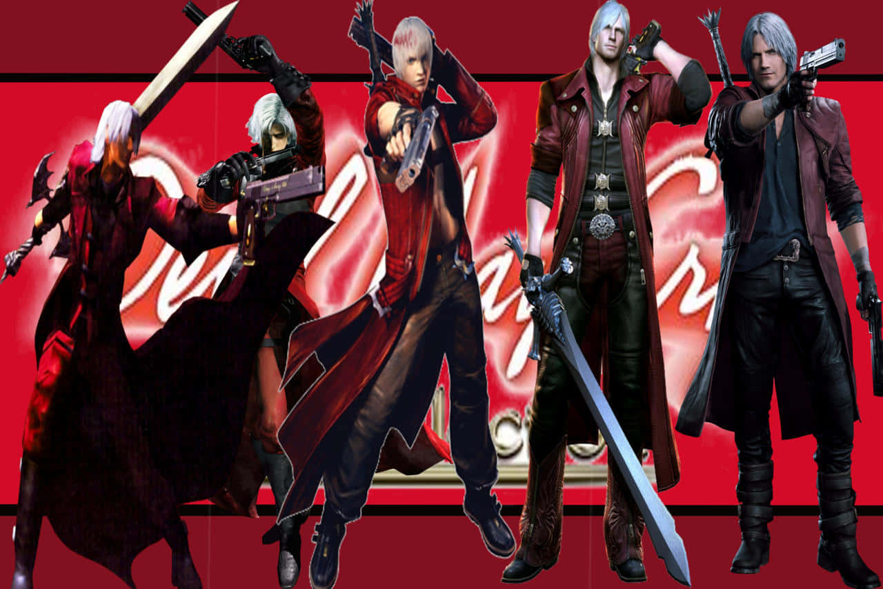 Devil May Cry Characters 桌布 壁紙 — 五名身穿紅色外套和黑色裝備的惡魔獵人，在帶有發光白色文字的醒目紅色背景前動態擺姿勢。