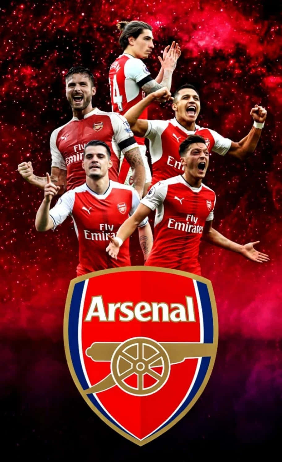 Arsenal 桌布 壁紙 — 五名身穿紅色球衣的阿仙奴足球員在充滿活力的紅色宇宙背景下，與球會徽章一起慶祝勝利。