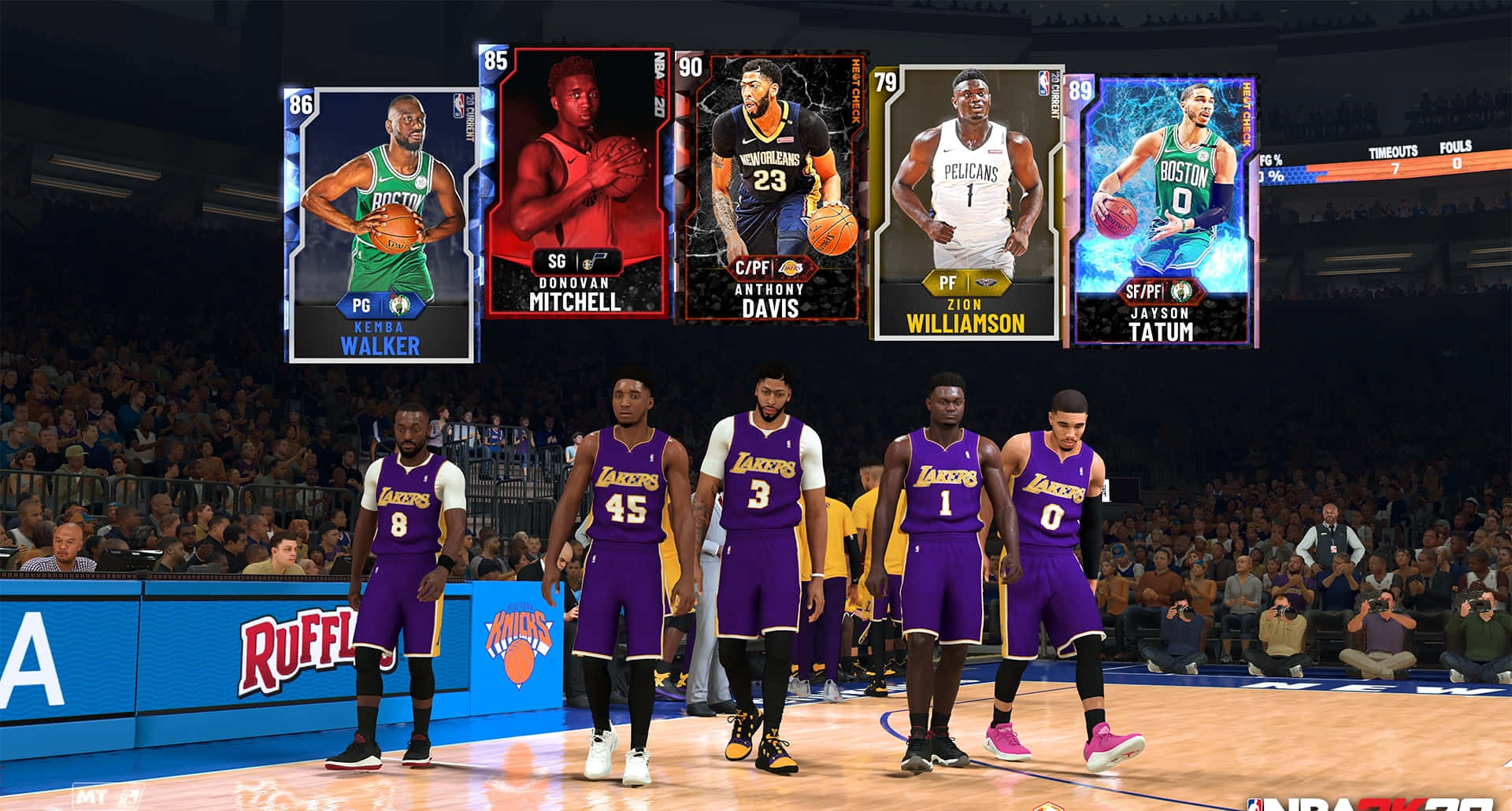 NBA 2k20 桌布 壁紙 — 五名身穿紫色球衣的籃球運動員站在球場上，上方漂浮著顯示統計數據和名字的球員卡。