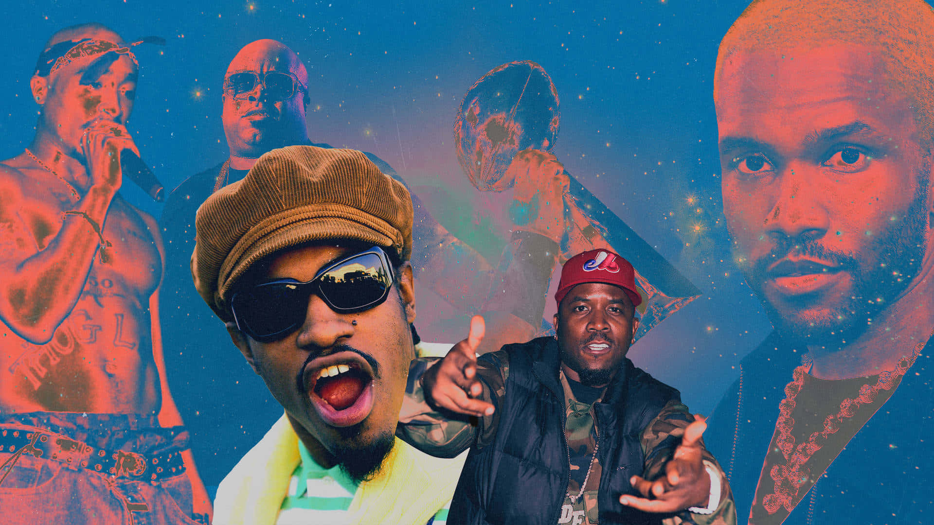 Rap 桌布 壁紙 — 五名饒舌歌手在星空宇宙藍色背景上，配以紅橙色燈光的鮮明拼貼畫。