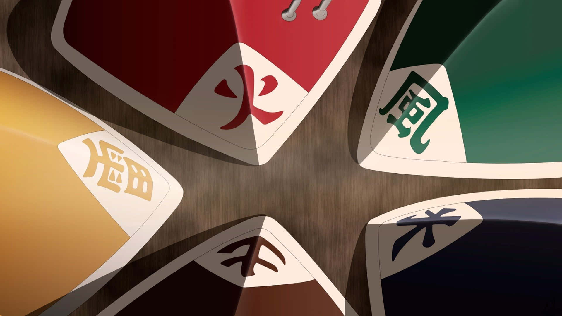 Naruto Kage 桌布 壁紙 — 五塊色彩繽紛的麻將牌，上面有漢字，以動態俯視排列方式放置在木質表面上。