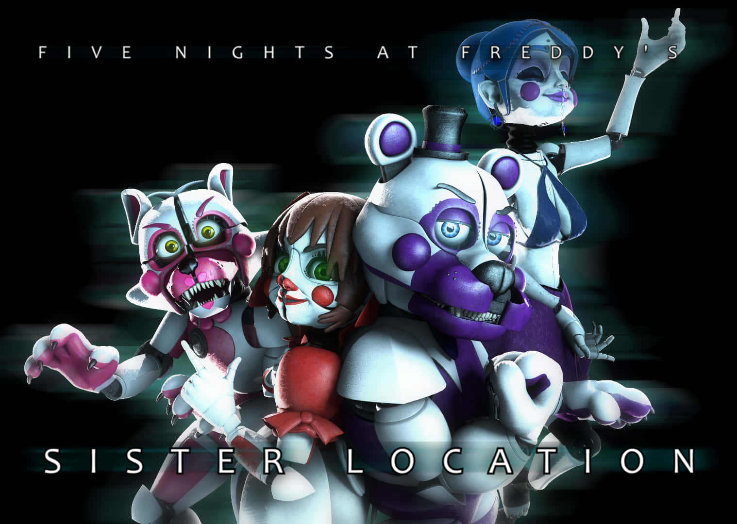來自《Five Nights at Freddy's Sister Location》的三個可怕機械人角色，眼睛發光。